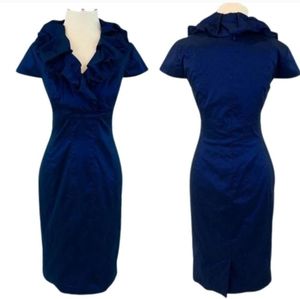 Adrianna Papell Iridescent Blue Sheath Ruffle Neck Dress Womens 12